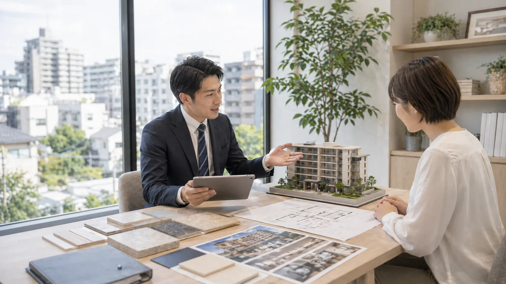 都市型不動産事業をイメージした建物と契約確認のビジュアル